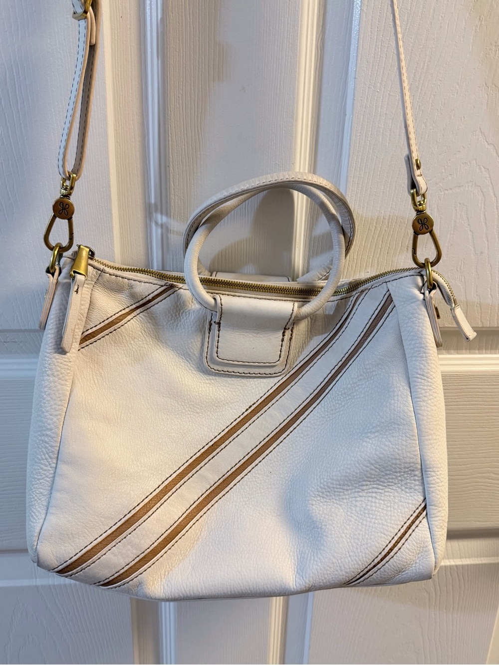 HOBO White Ivory Genuine Leather Satchel Crossbody Bag Gold Hardware